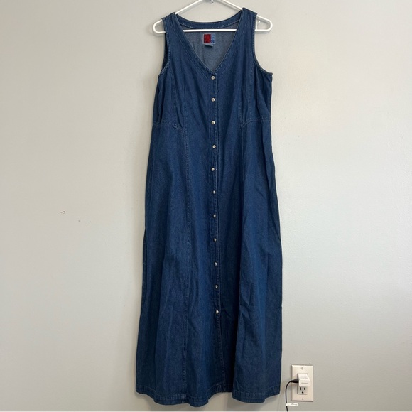 sun belt Dresses & Skirts - Vintage Sun Belt Denim Snap Button Up Maxi Dress Sleeveless Sz L Cotton A Line